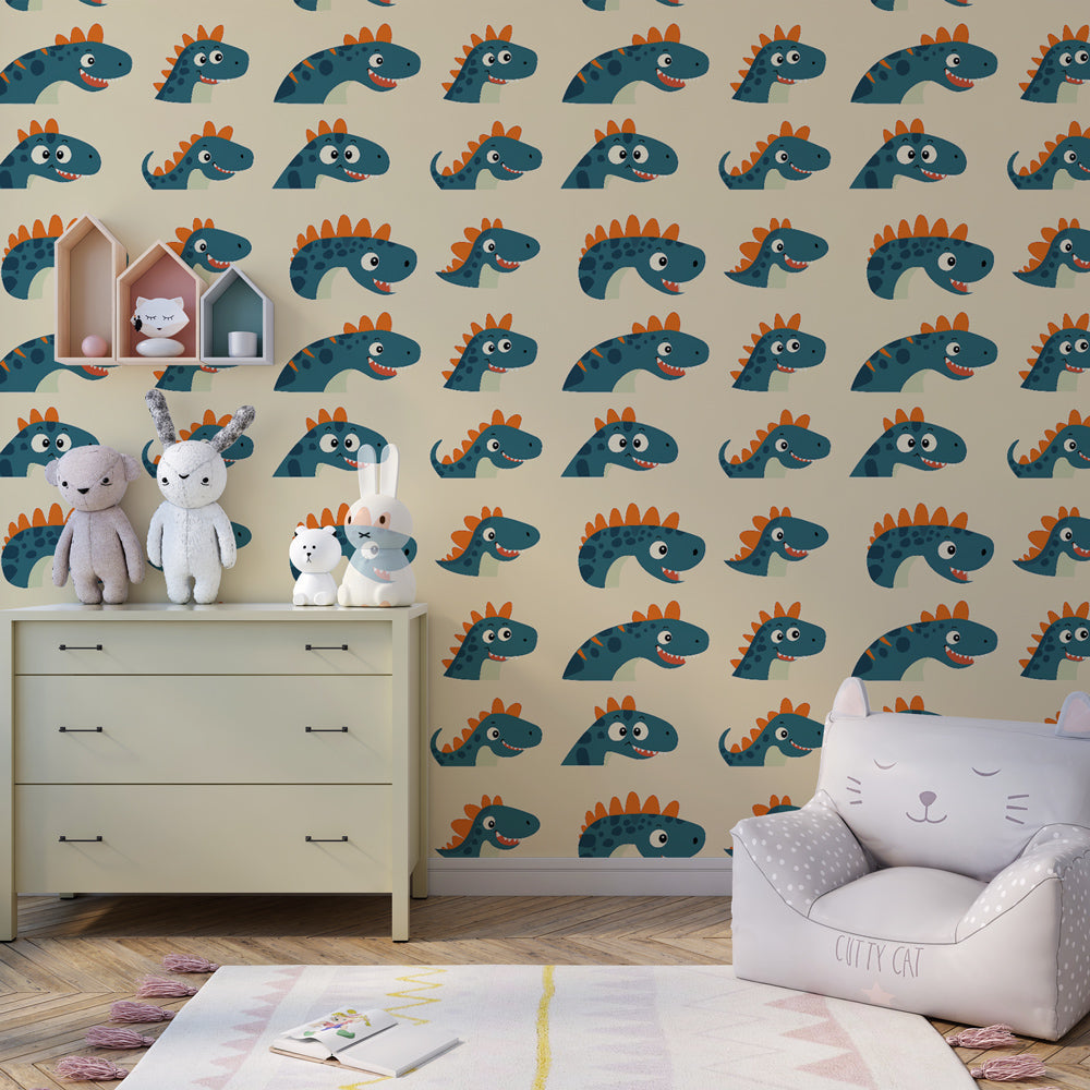 Dinosaur themed mural wallpaper transforming children's space into prehistoric adventure room