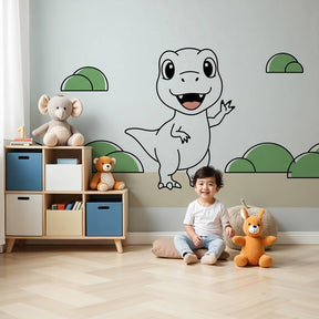 Cute dinosaur mural wallpaper creating playful nursery decor with friendly dino character by Kids-Mundo