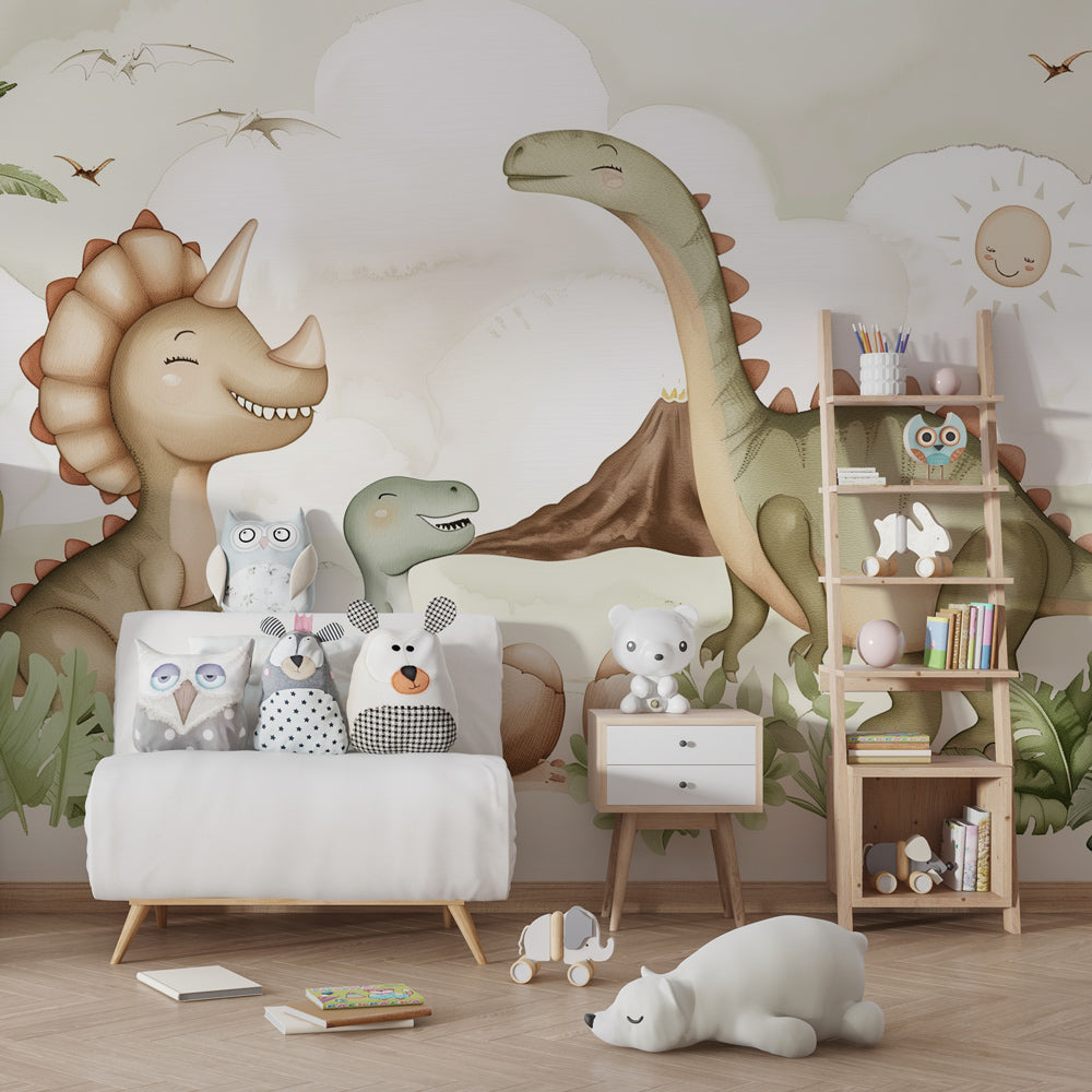 Multicolored dinosaur wallpaper transforming nursery into playful prehistoric paradise for children