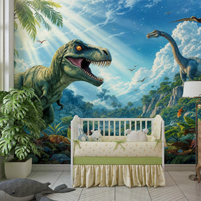 Jurassic themed dinosaur wallpaper transforming nursery into prehistoric wonderland with blue and green tones