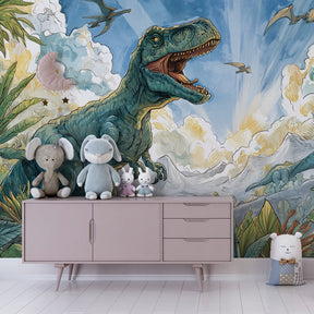 Kids dinosaur wallpaper featuring tropical landscape in colorful nursery by Kids-Mundo