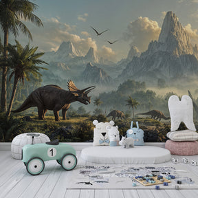 Adventure dinosaur wallpaper for nursery featuring volcanic mountains and tropical vegetation
