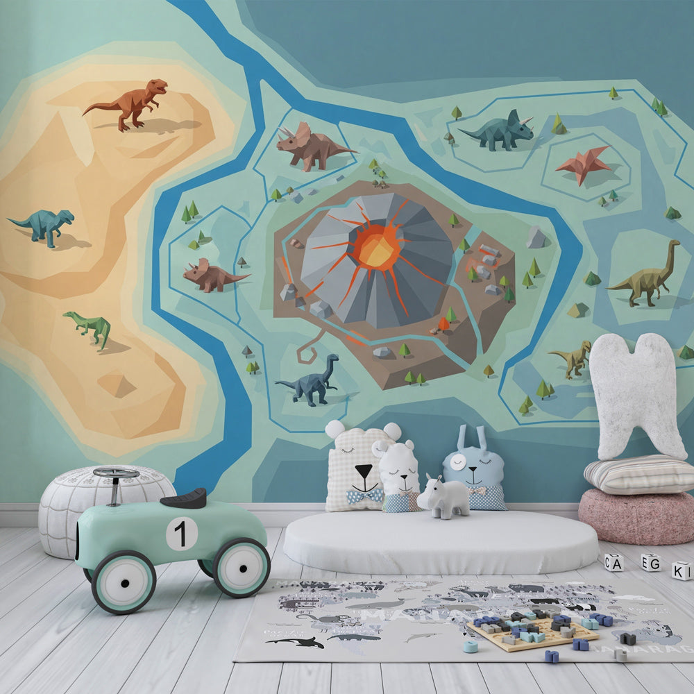 Prehistoric adventure dinosaur wallpaper creating educational nursery decor with soft pastel tones
