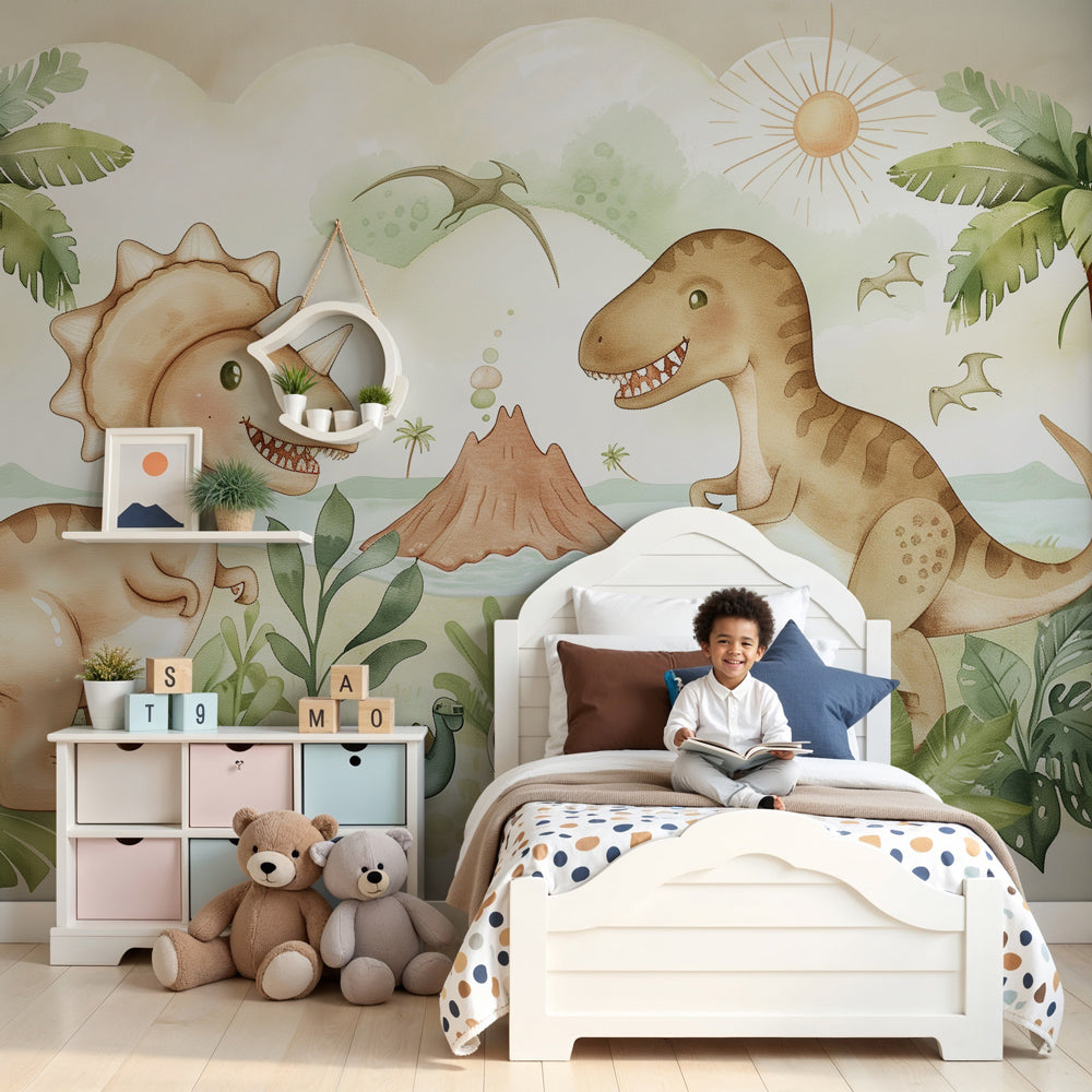 Dinosaur mural wallpaper creating prehistoric adventure theme in modern kids bedroom by Kids-Mundo