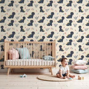 Cute dinosaur mural wallpaper in modern nursery with botanical foliage design by Kids-Mundo