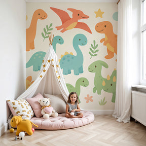Colorful dinosaur mural wallpaper creating prehistoric adventure theme in modern kids nursery by Kids-Mundo
