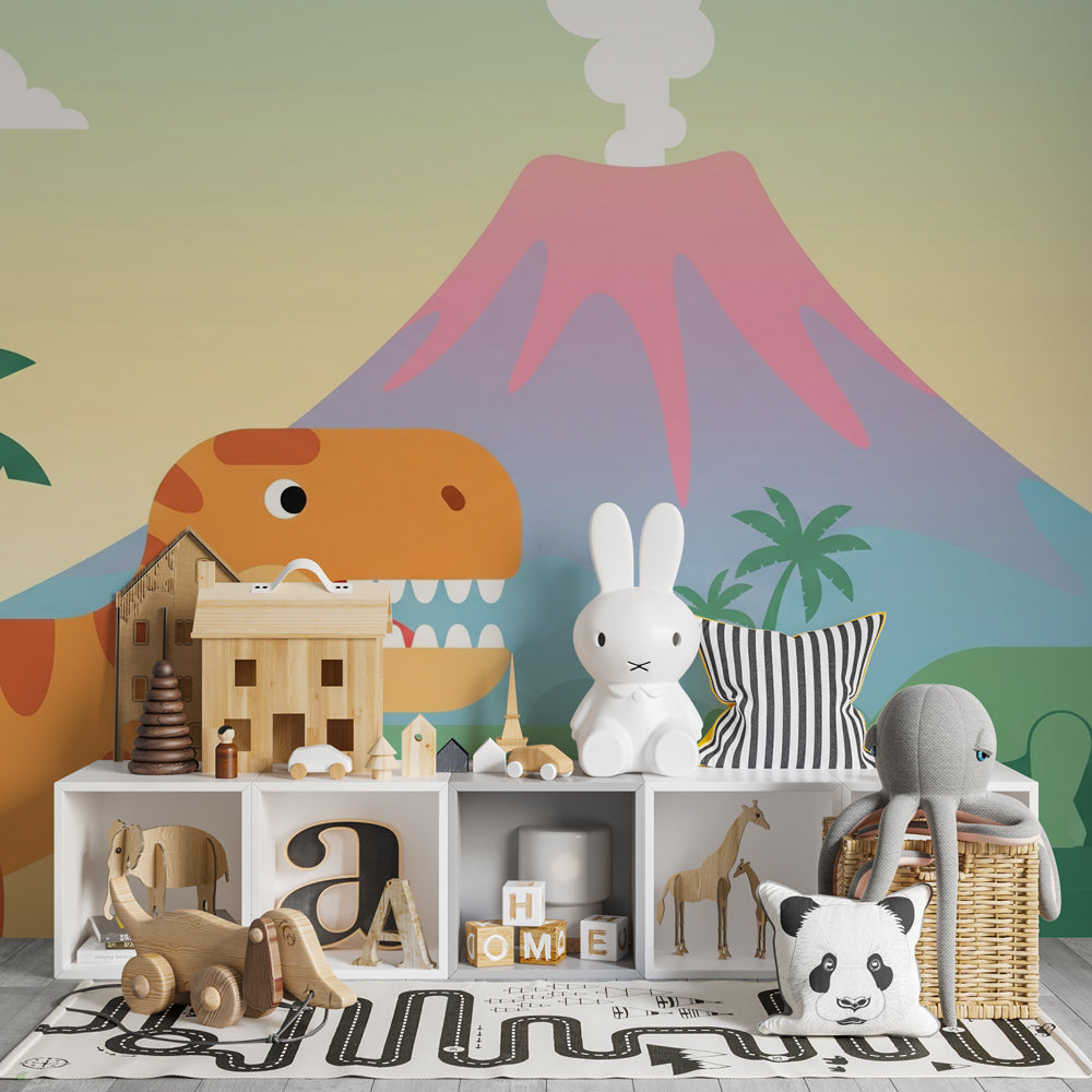 T-Rex and Brachiosaurus wallpaper transforming nursery into tropical dinosaur paradise with volcano backdrop