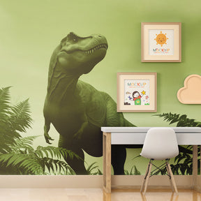 Jungle dinosaur wallpaper with T-Rex design transforming nursery into adventure-themed space