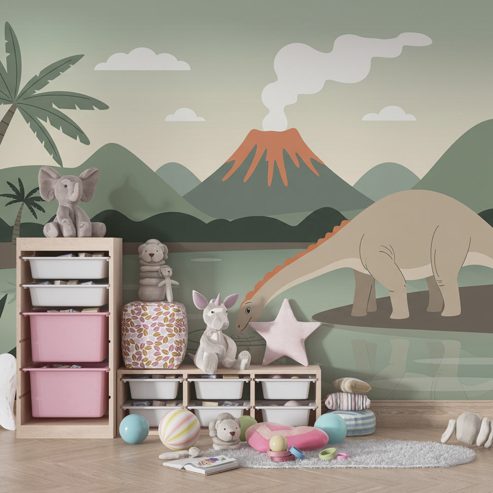 Prehistoric dinosaur wall mural transforming nursery into educational adventure space
