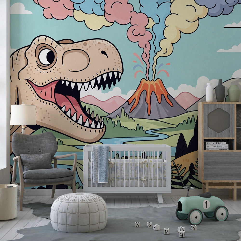 Prehistoric dinosaur mural wallpaper creating adventurous nursery theme with T-Rex and volcano
