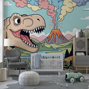 Prehistoric dinosaur mural wallpaper creating adventurous nursery theme with T-Rex and volcano