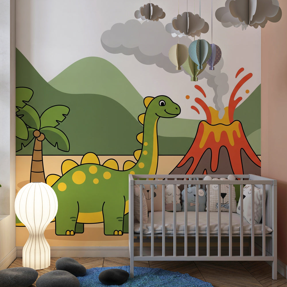 Tropical dinosaur wallpaper creating educational nursery space with volcano theme and palm trees