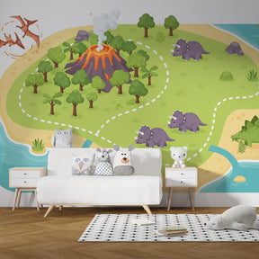 Colorful dinosaur island wallpaper transforming nursery into prehistoric adventure space by Kids-Mundo