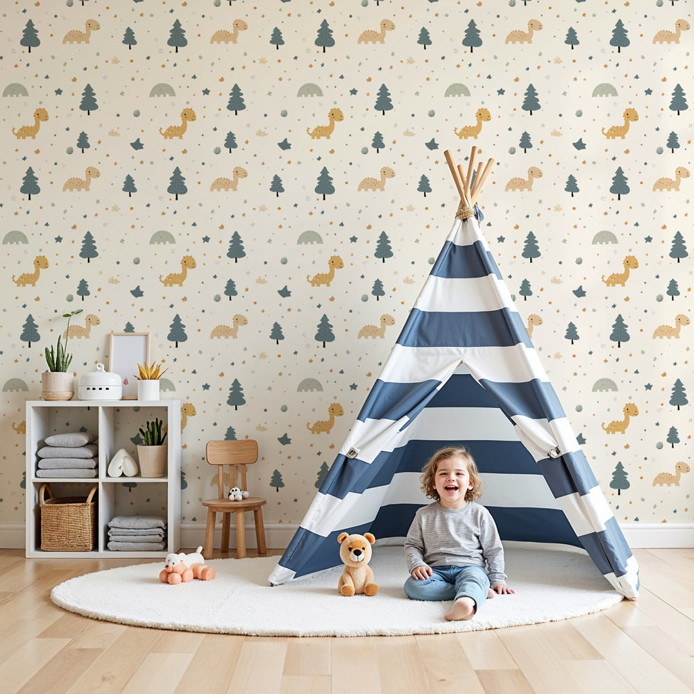 Cute dinosaur mural wallpaper in soft pastels decorating modern nursery room by Kids-Mundo