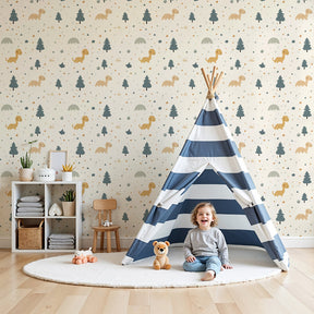 Cute dinosaur mural wallpaper in soft pastels decorating modern nursery room by Kids-Mundo