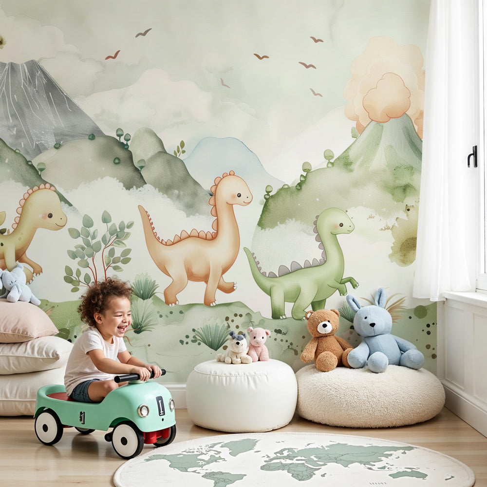 Happy dinosaur mural wallpaper in soft pastel nursery with tropical volcano landscape by Kids-Mundo