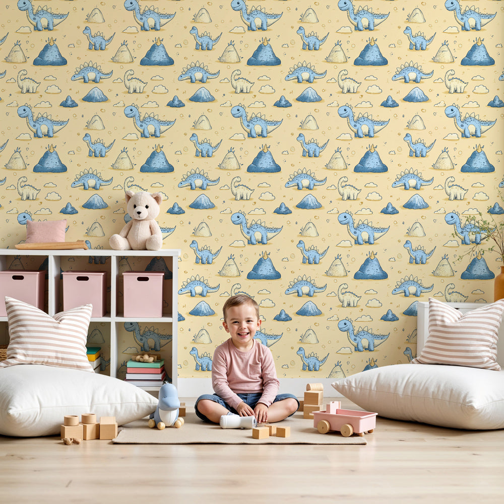 Happy dinosaur mural wallpaper creating prehistoric adventure theme in modern kids nursery by Kids-Mundo