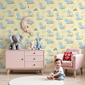 Cute dinosaur mural wallpaper in pastel blue tones decorating modern nursery by Kids-Mundo