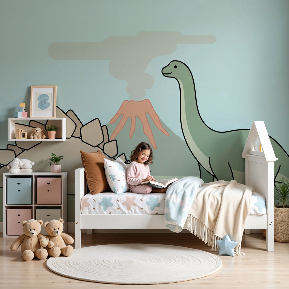 Dinosaur mural wallpaper with volcano scene in modern children's bedroom by Kids-Mundo