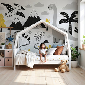 Dinosaur mural wallpaper in modern nursery with friendly prehistoric creatures by Kids-Mundo