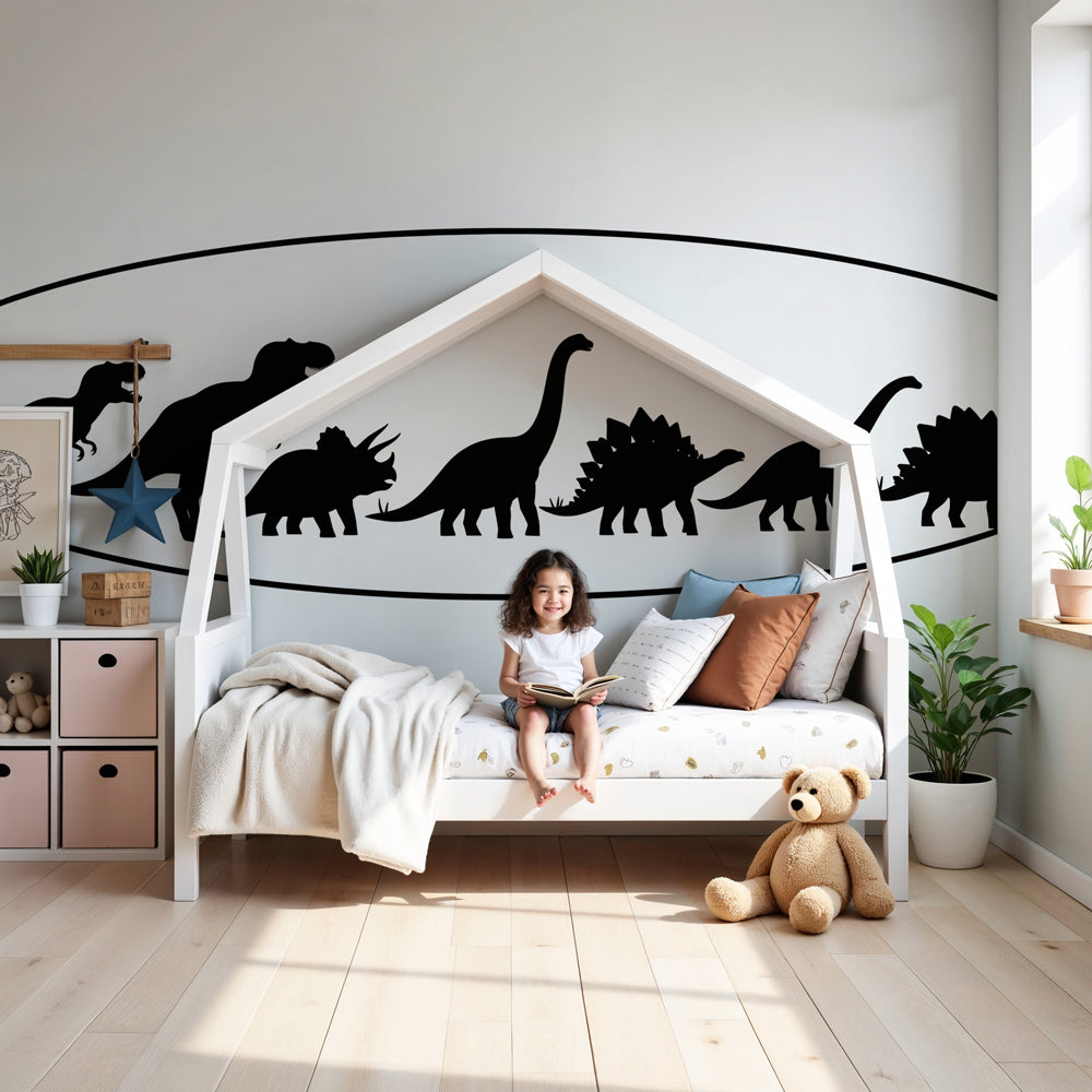 Dinosaur silhouette mural wallpaper creating prehistoric themed nursery decor by Kids-Mundo