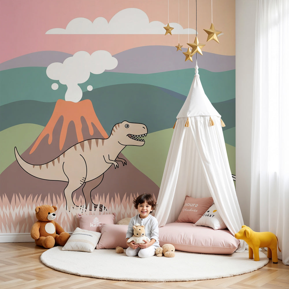 Dinosaur mural wallpaper in modern nursery with T-Rex and Triceratops design by Kids-Mundo