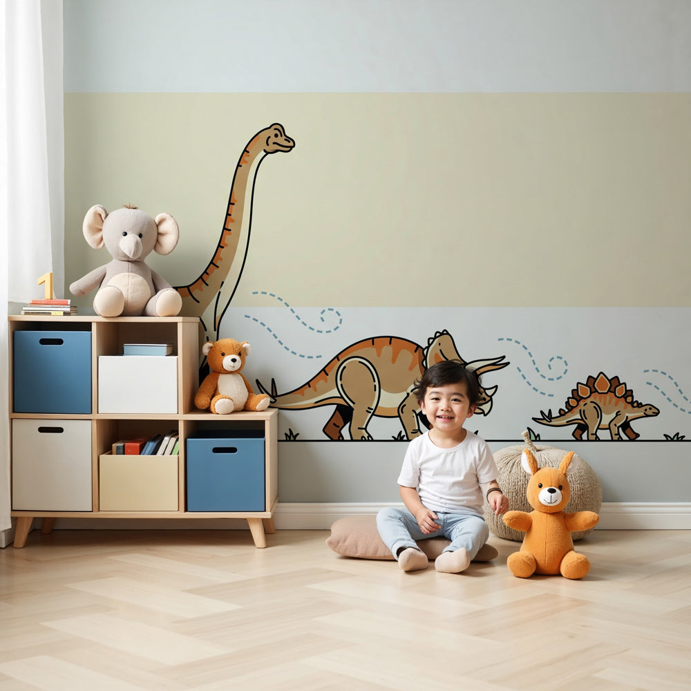 Dinosaur mural wallpaper creating prehistoric adventure theme in modern kids nursery by Kids-Mundo