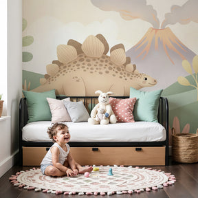 Cute dinosaur mural wallpaper creating prehistoric adventure theme in modern kids nursery by Kids-Mundo