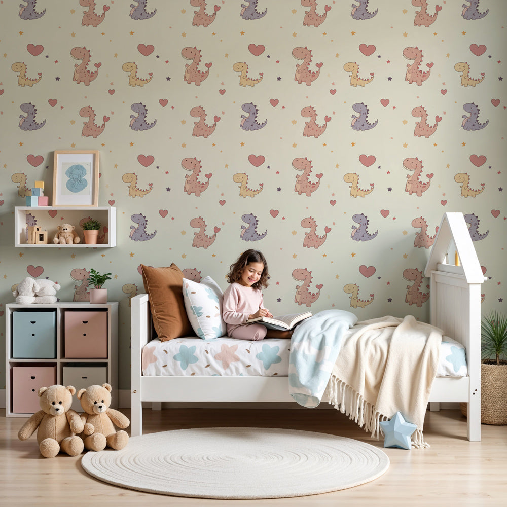 Sweet dinosaur hearts mural wallpaper in pastel nursery by Kids-Mundo