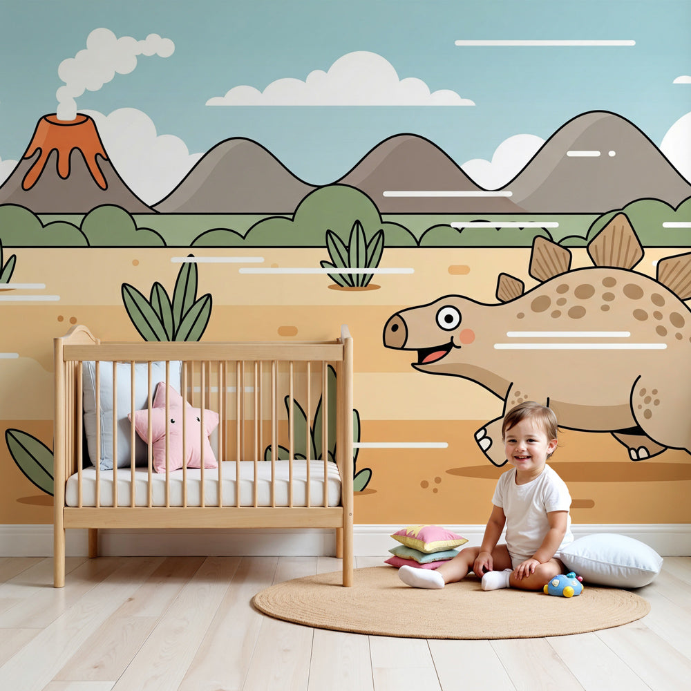 Happy stegosaurus dinosaur mural wallpaper in modern nursery room by Kids-Mundo