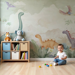 Happy dinosaur mural wallpaper in modern nursery setting by Kids-Mundo