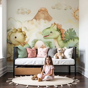 Dinosaur mural wallpaper in modern nursery with prehistoric jungle theme by Kids-Mundo