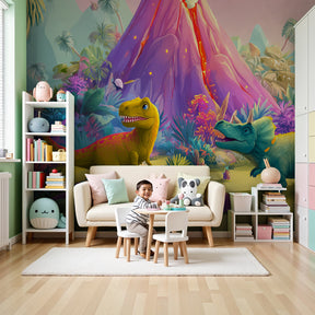 Colorful dinosaur mural wallpaper in modern nursery room with prehistoric volcanic scene by Kids-Mundo