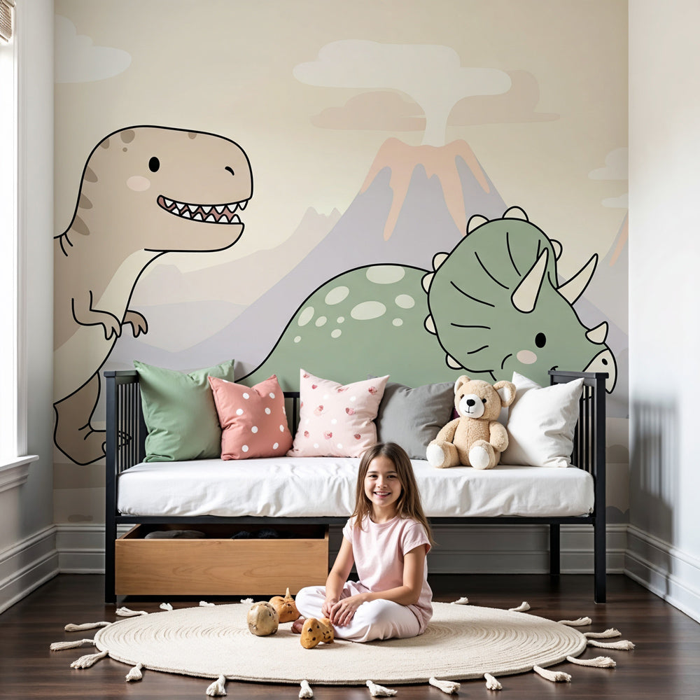 Friendly dinosaur mural wallpaper creating prehistoric adventure theme in modern nursery by Kids-Mundo