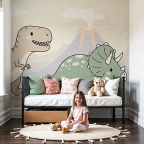 Friendly dinosaur mural wallpaper creating prehistoric adventure theme in modern nursery by Kids-Mundo