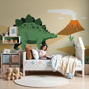 Dinosaur volcano mural wallpaper in modern nursery with soft green tones by Kids-Mundo