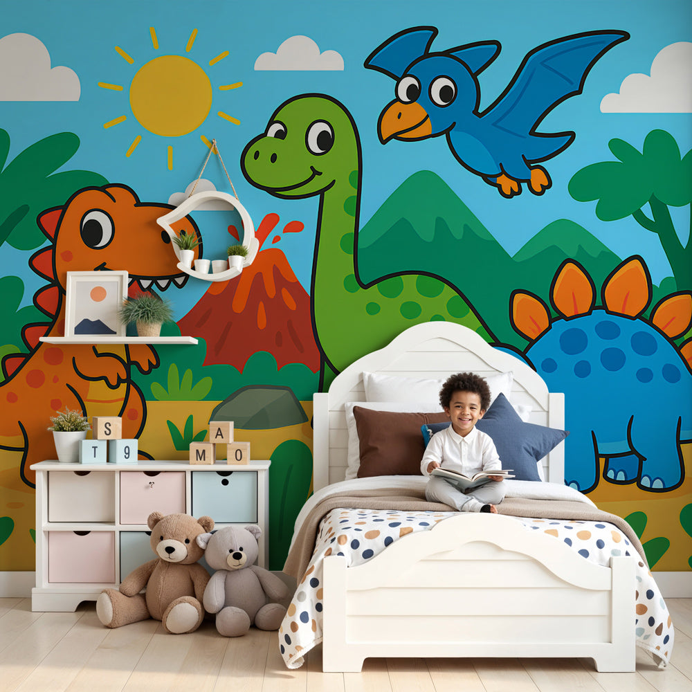 Colorful dinosaur mural wallpaper in bright nursery room setting by Kids-Mundo