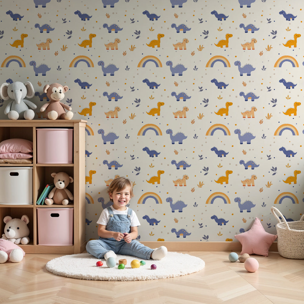 Dinosaur rainbow mural wallpaper in modern nursery with natural wood furniture by Kids-Mundo