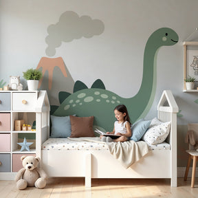 Dinosaur volcano mural wallpaper creating prehistoric adventure theme in modern kids nursery by Kids-Mundo