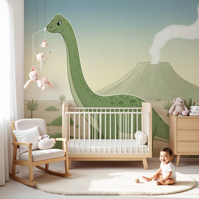 Happy dinosaur mural wallpaper creating prehistoric adventure theme in modern kids nursery by Kids-Mundo
