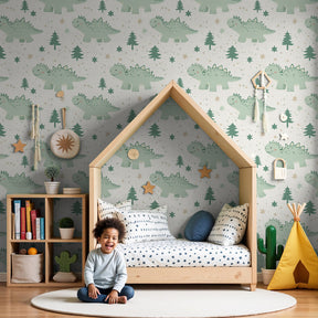 Cute dinosaur mural wallpaper in modern nursery with wooden crib by Kids-Mundo