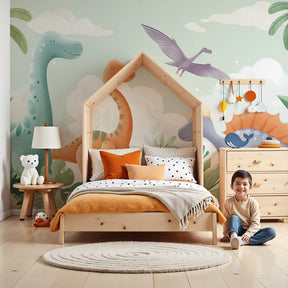 Colorful dinosaur mural wallpaper creating prehistoric adventure theme in modern kids nursery by Kids-Mundo