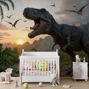 Prehistoric dinosaur wallpaper with tropical jungle scene and sunset backdrop for children's nursery