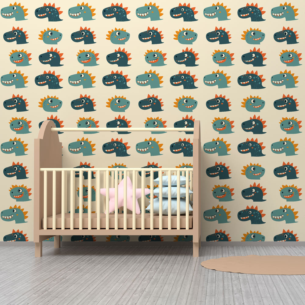 Vibrant dinosaur heads wallpaper transforming kids playroom into prehistoric adventure space