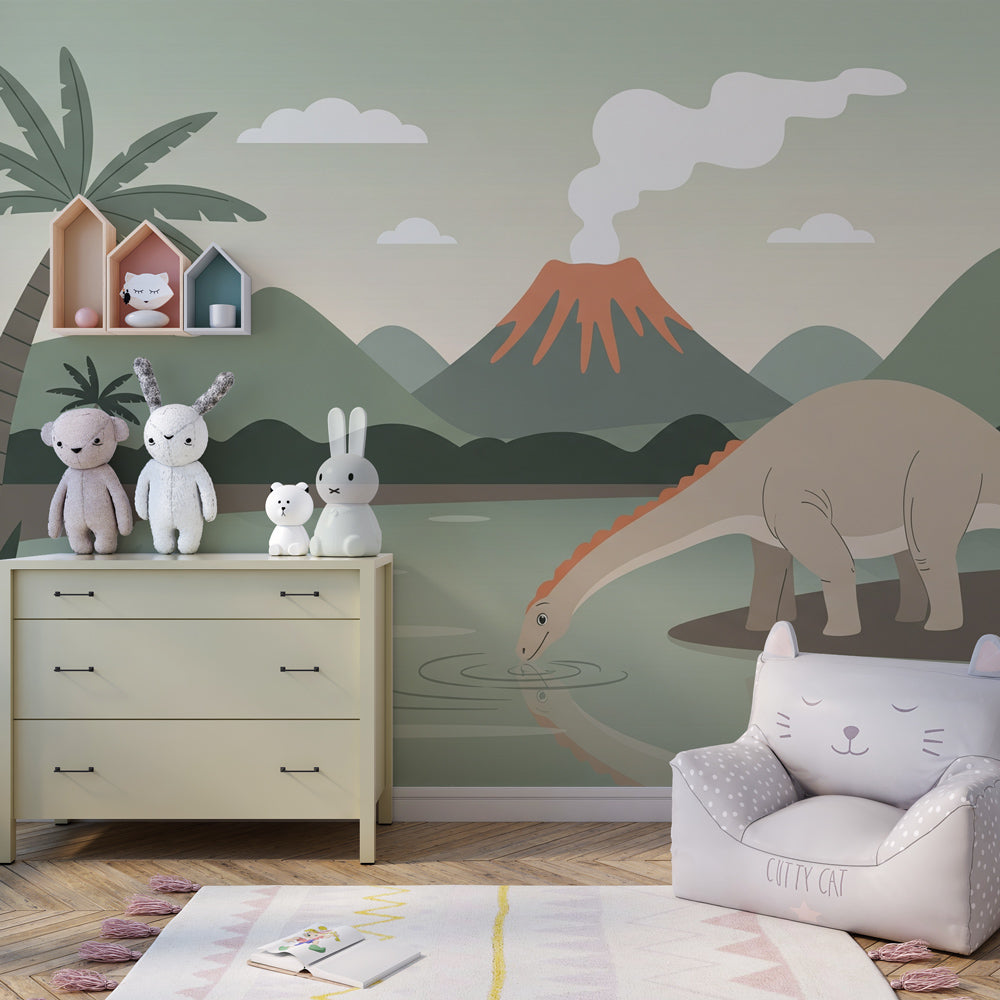Majestic dinosaur wallpaper with volcano backdrop creating immersive playroom environment