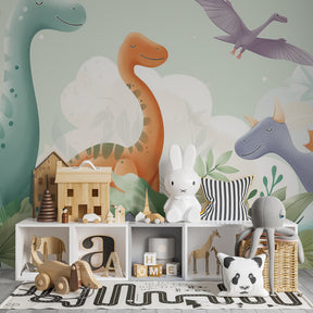 Vibrant prehistoric dinosaur mural wallpaper creating educational play space for kids