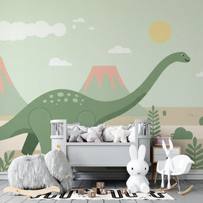 Prehistoric themed mural wallpaper for kids playroom featuring gentle dinosaur character