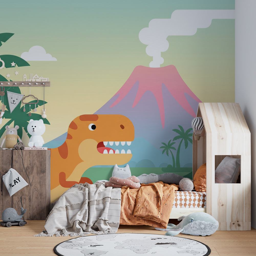 Prehistoric dinosaur wallpaper creating educational playroom environment with tropical landscape design
