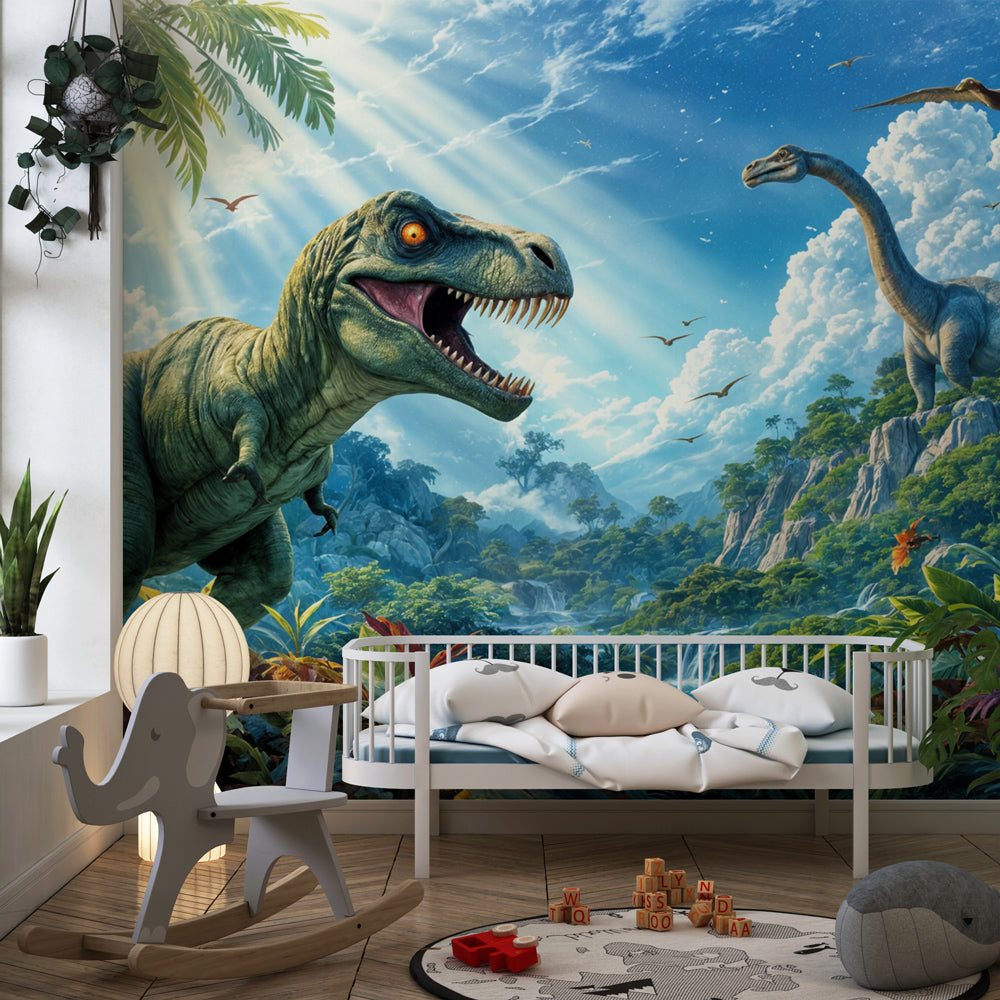 Tropical dinosaur mural wallpaper creating educational playroom decor with lush jungle landscape design