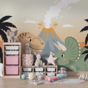 Colorful dinosaur mural wallpaper transforming kids playroom with T-Rex and triceratops design